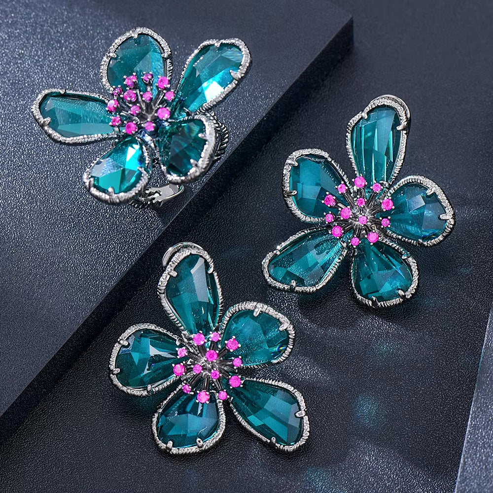 Luxury Flower Blue Crystal Jewelry Set for Women Wedding Necklace Earring Set Cubic Zircon Dubai Bridal Jewelry Set 2024