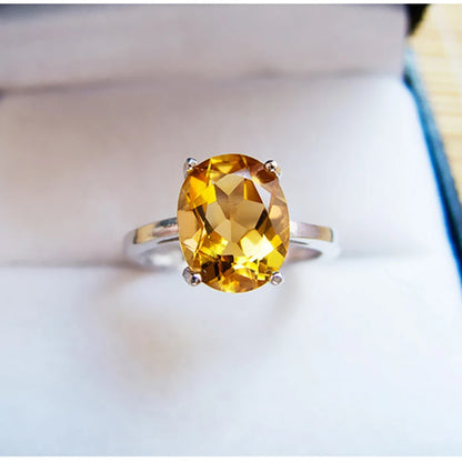 Classic Yellow Crystal Ring 7Mm*9Mm Natural Citrine Silver Ring Solid 925 Silver Gemstone Ring Yellow Gemstone Ring for Lady