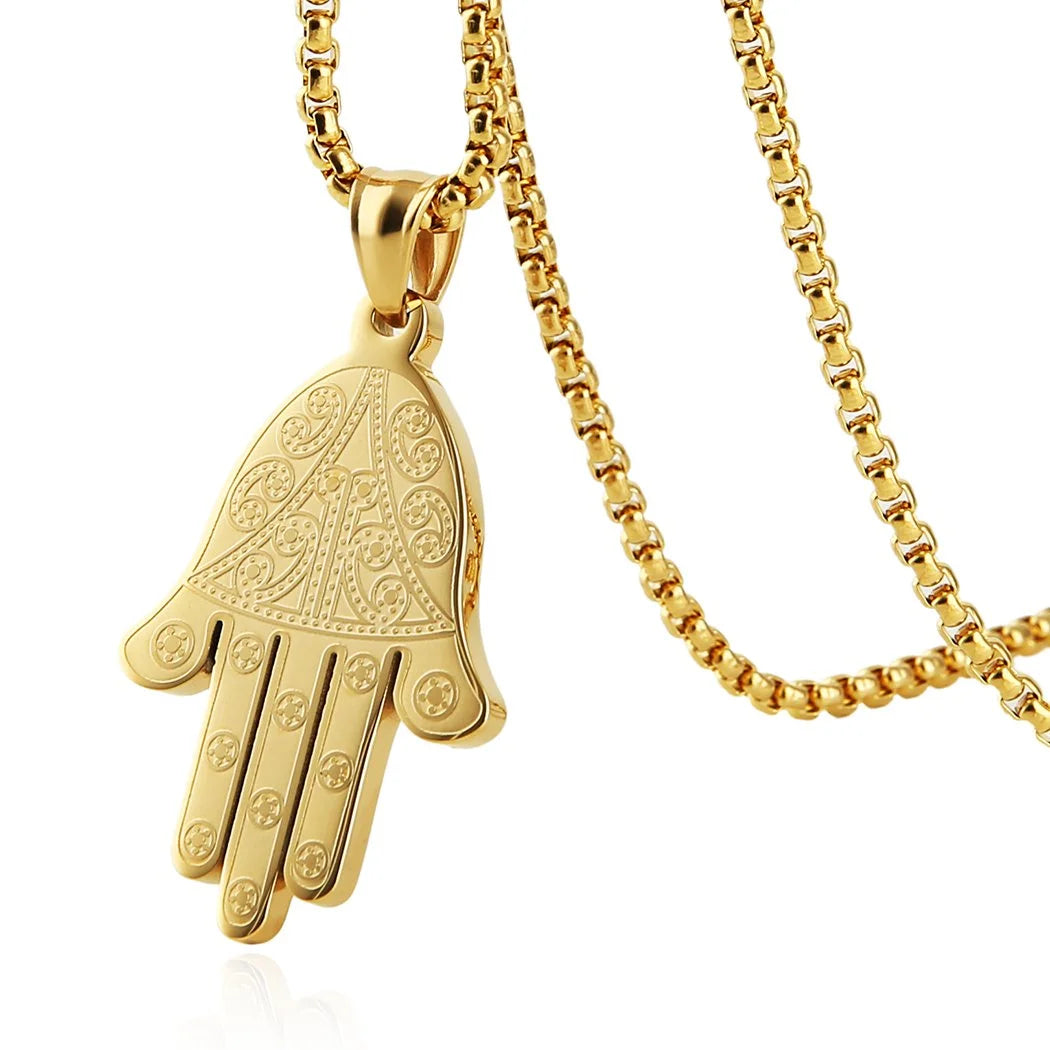 Stainless Steel Egyptian Eye Fatima Hamsa Hand Pendant Necklace Success and Protection Lucky (Gold)