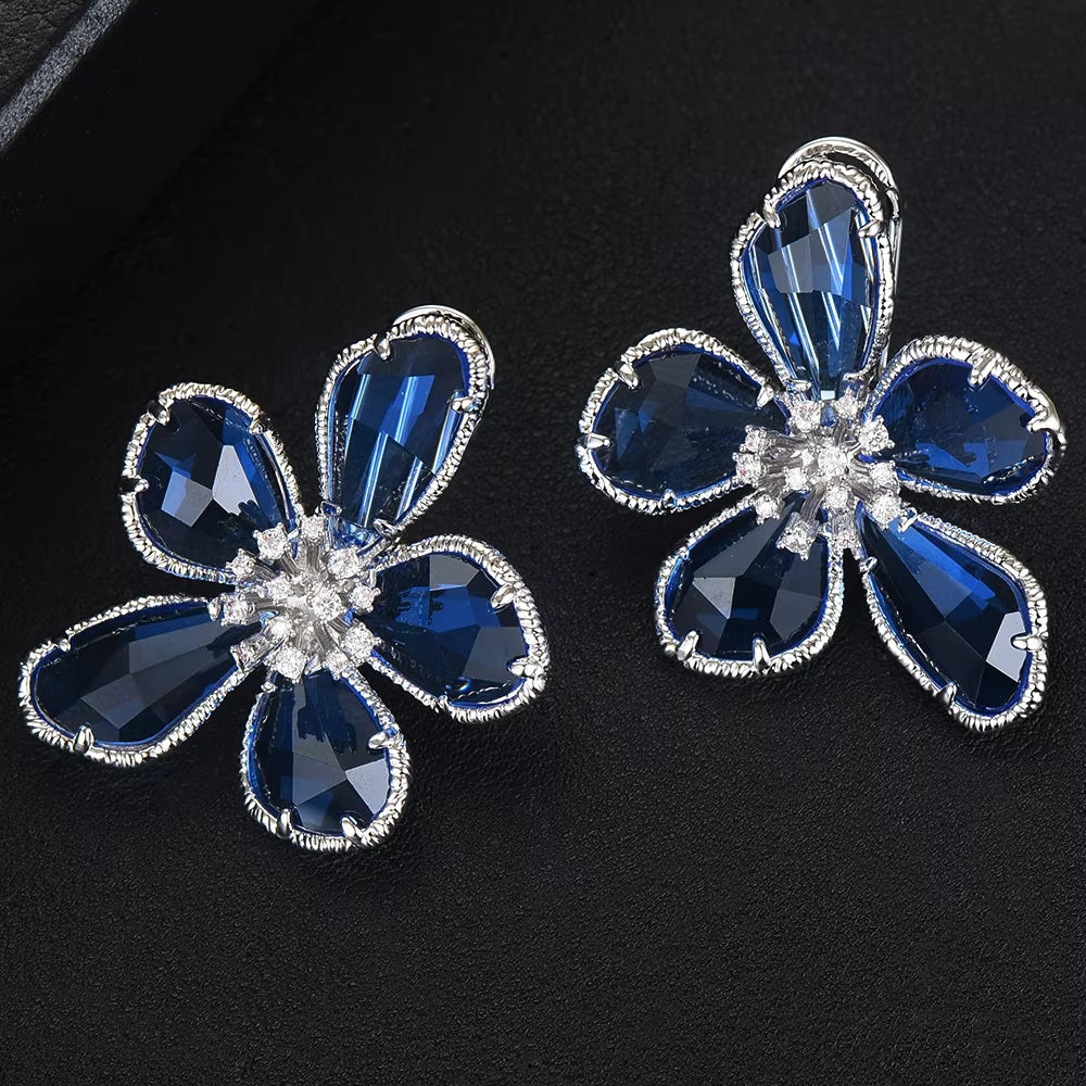 Luxury Flower Blue Crystal Jewelry Set for Women Wedding Necklace Earring Set Cubic Zircon Dubai Bridal Jewelry Set 2024