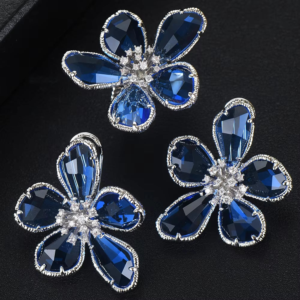 Luxury Flower Blue Crystal Jewelry Set for Women Wedding Necklace Earring Set Cubic Zircon Dubai Bridal Jewelry Set 2024