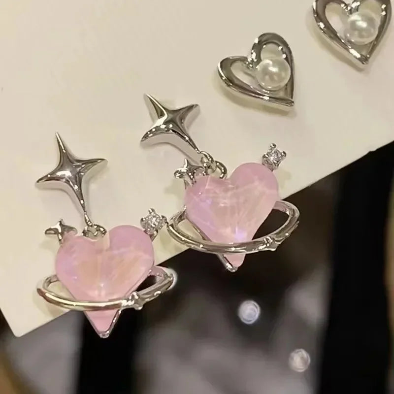 2/6Pcs Set Heart Stud Earrings Women'S Personality Korean Fashion Y2K Pink Crystal Temperament Star Earrings Piercing for Ears