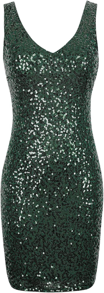 Women'S Sequin Cocktail Dress V Neck Bodycon Glitter Party Dress