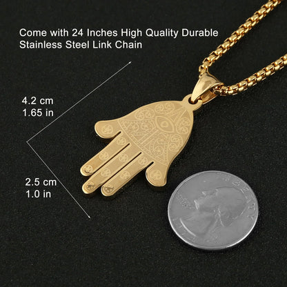 Stainless Steel Egyptian Eye Fatima Hamsa Hand Pendant Necklace Success and Protection Lucky (Gold)
