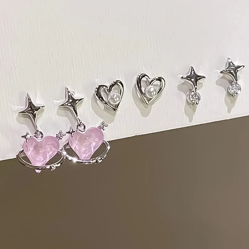 2/6Pcs Set Heart Stud Earrings Women'S Personality Korean Fashion Y2K Pink Crystal Temperament Star Earrings Piercing for Ears