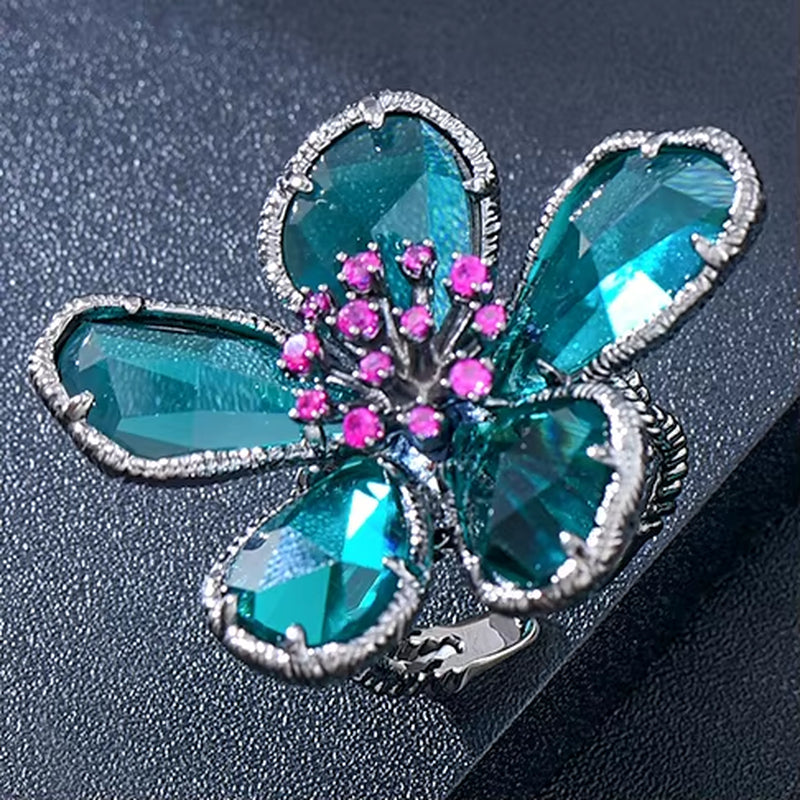 Luxury Flower Blue Crystal Jewelry Set for Women Wedding Necklace Earring Set Cubic Zircon Dubai Bridal Jewelry Set 2024