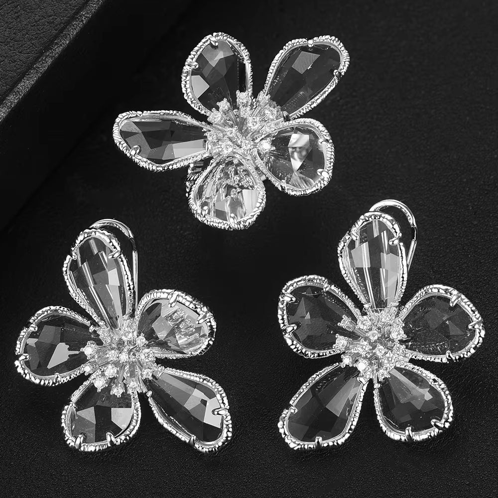 Luxury Flower Blue Crystal Jewelry Set for Women Wedding Necklace Earring Set Cubic Zircon Dubai Bridal Jewelry Set 2024