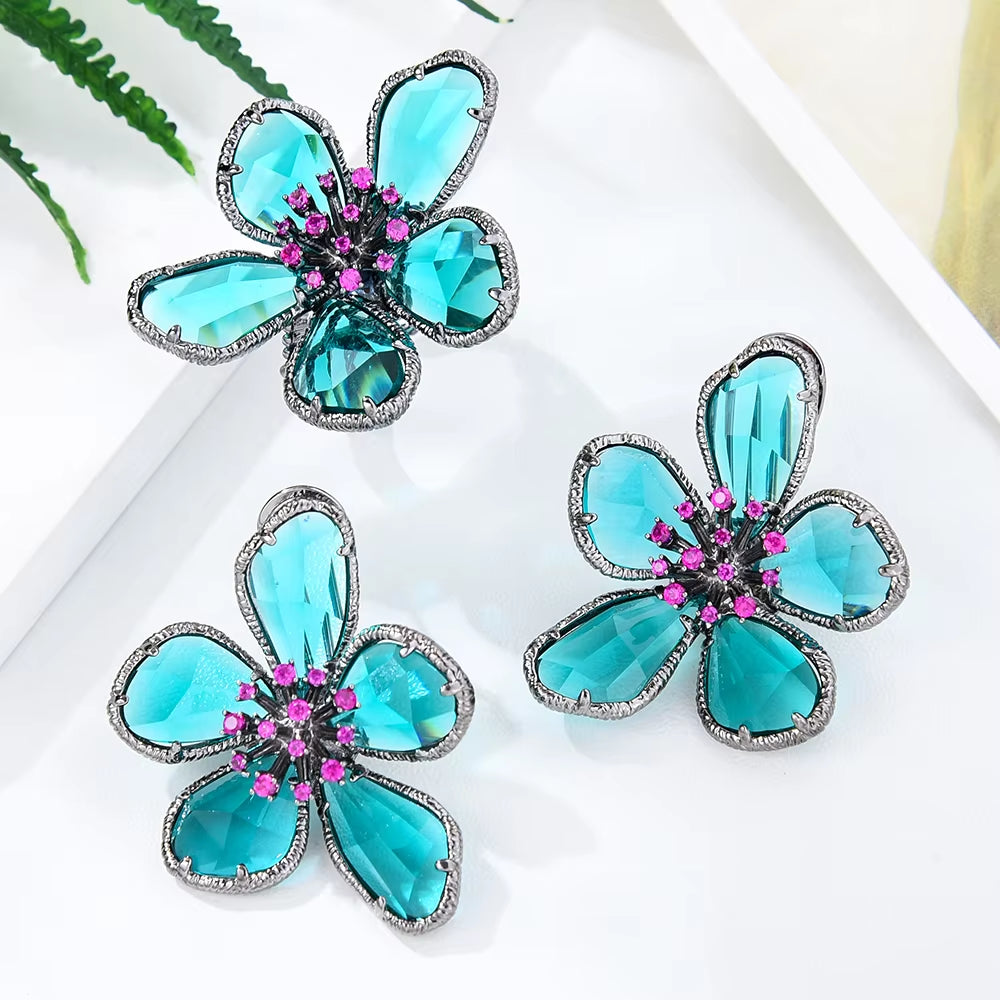 Luxury Flower Blue Crystal Jewelry Set for Women Wedding Necklace Earring Set Cubic Zircon Dubai Bridal Jewelry Set 2024