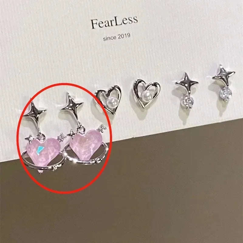 2/6Pcs Set Heart Stud Earrings Women'S Personality Korean Fashion Y2K Pink Crystal Temperament Star Earrings Piercing for Ears