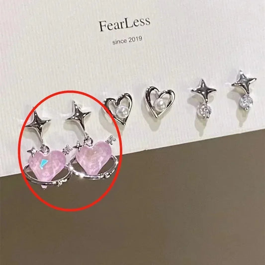 2/6Pcs Set Heart Stud Earrings Women'S Personality Korean Fashion Y2K Pink Crystal Temperament Star Earrings Piercing for Ears