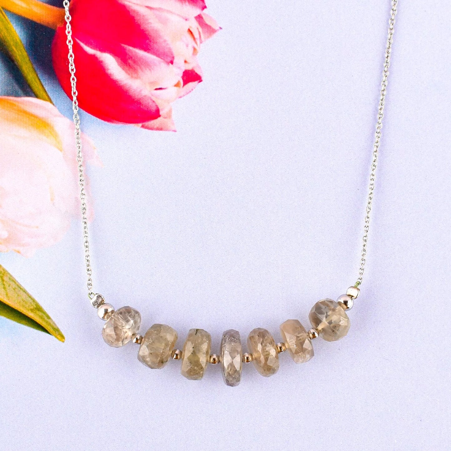 Genuine Diaspore Zultanite Crystal Beaded Stone Dainty Handmade Bar Necklace for Women, Chakra Healing Stones, Birthstone Jewelry, Rhodium Plated 925 Sterling Silver Chain 18 Inch