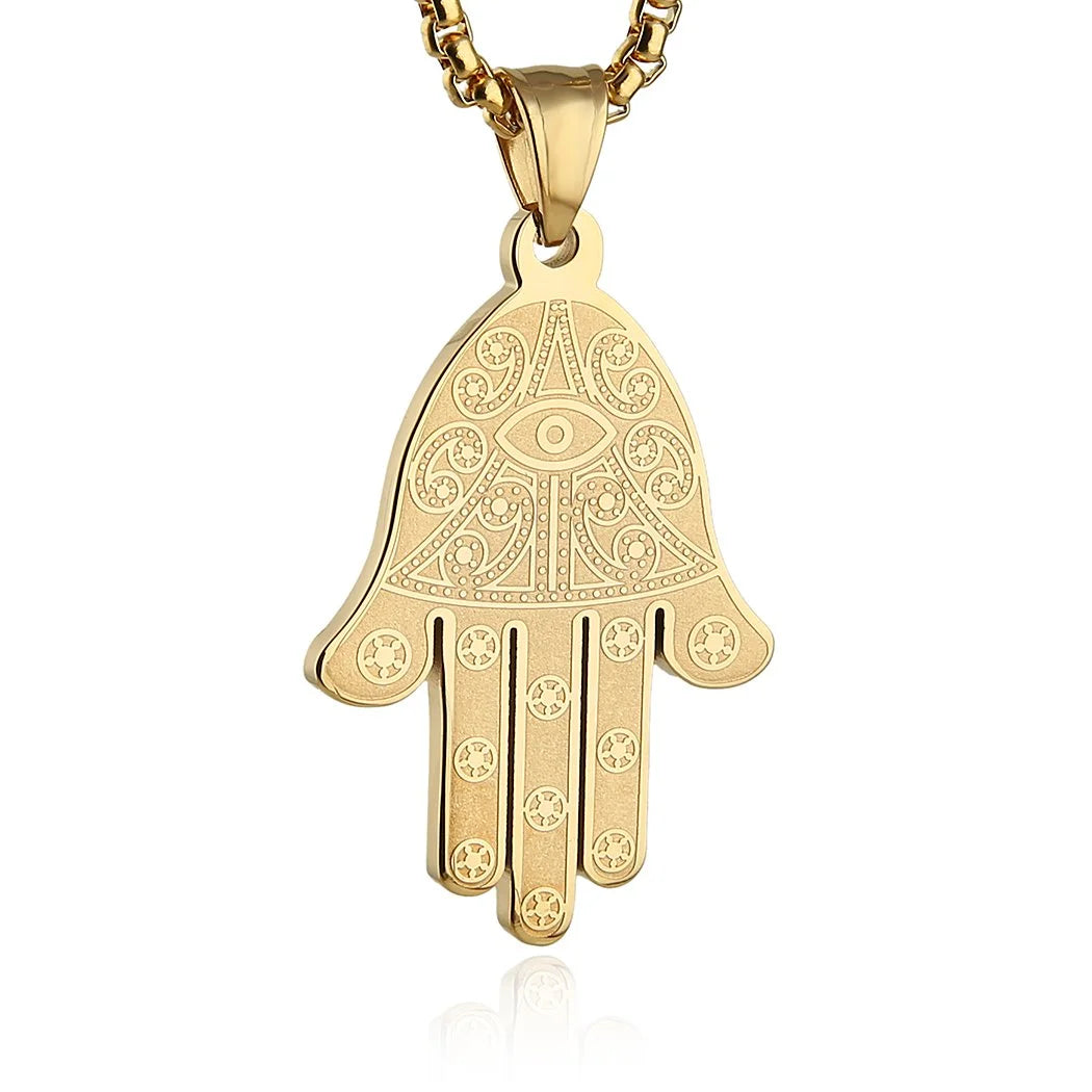 Stainless Steel Egyptian Eye Fatima Hamsa Hand Pendant Necklace Success and Protection Lucky (Gold)