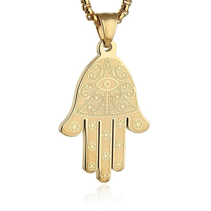 Stainless Steel Egyptian Eye Fatima Hamsa Hand Pendant Necklace Success and Protection Lucky (Gold)