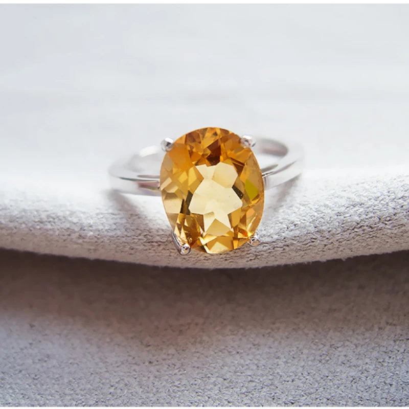 Classic Yellow Crystal Ring 7Mm*9Mm Natural Citrine Silver Ring Solid 925 Silver Gemstone Ring Yellow Gemstone Ring for Lady