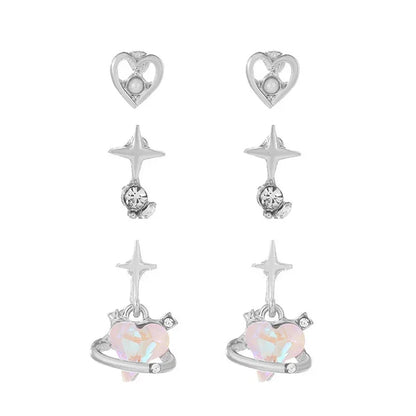 2/6Pcs Set Heart Stud Earrings Women'S Personality Korean Fashion Y2K Pink Crystal Temperament Star Earrings Piercing for Ears