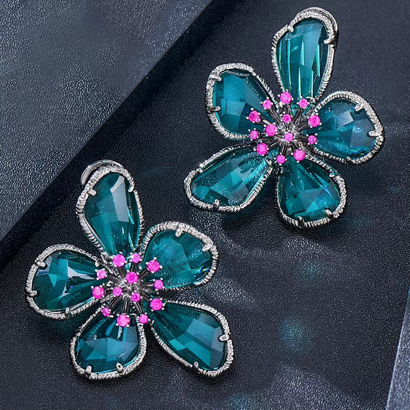 Luxury Flower Blue Crystal Jewelry Set for Women Wedding Necklace Earring Set Cubic Zircon Dubai Bridal Jewelry Set 2024