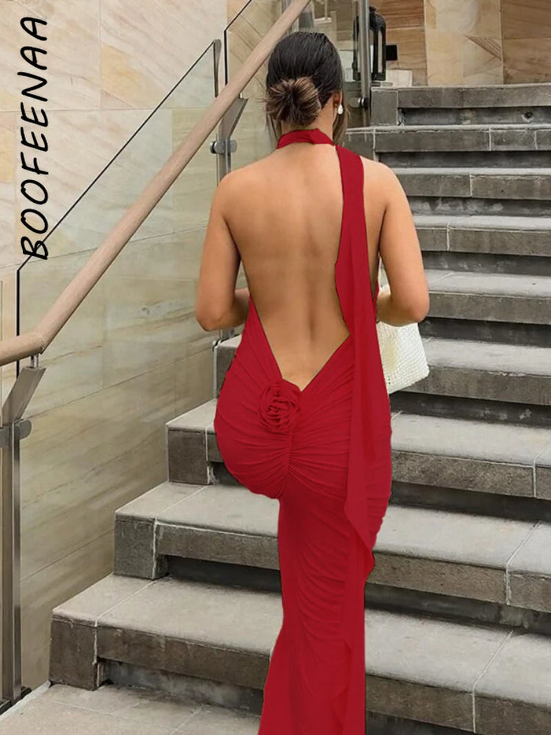 Long Party Dresses for Women Elegant Sexy Floral-Applique Halter Backless Maxi Dress Summer Clothes 2024 C83-CE37